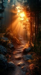 Golden sunlight path through misty forest
