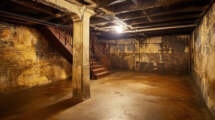 Dark, damp basement with old wooden stairs, stained walls, and concrete floor.