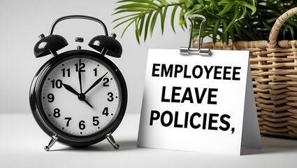 Employee Leave Policies Concept with Clock and Office Decor, HR policy, time off work, employee benefits, paid leave, vacation policy, sick leave, workplace rules, office regulations. 