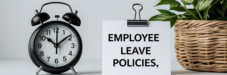 Employee Leave Policies Concept with Clock and Office Decor, HR policy, time off work, employee benefits, paid leave, vacation policy, sick leave, workplace rules, office regulations. 
