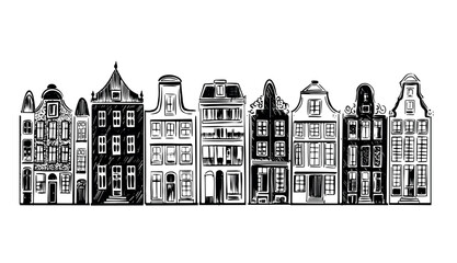 Amsterdam canal houses, Buildings standing in row black on white. Hand drawn illustration.   © Tatiana