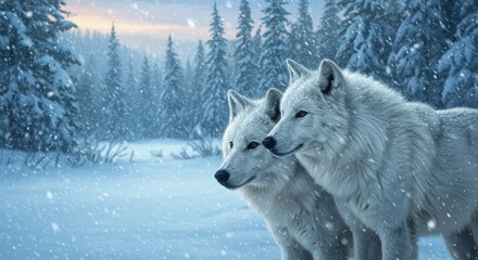 Obraz premium Arctic Wolves in a Winter Wonderland: A Snowy Forest Scene