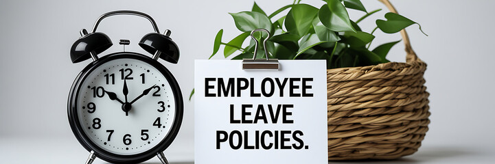 Employee Leave Policies Concept with Clock and Office Decor, HR policy, time off work, employee benefits, paid leave, vacation policy, sick leave, workplace rules, office regulations. 