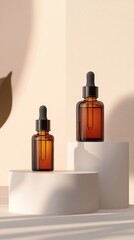 Beautiful shot of two small glass bottles with droppers on white pedestals. One bottle is filled with yellow serum, and the other contains brown oil for skin care