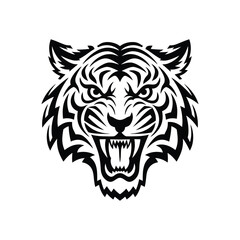 Fierce Black Silhouette Vector of Roaring Tiger Head with Sharp Teeth and Bold Striped Mane on White Background