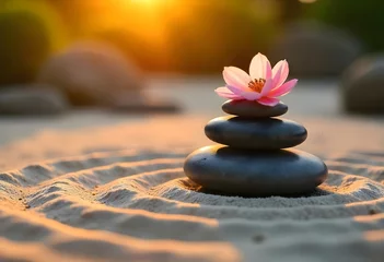 Selbstklebende Fototapeten Zen Garden Serenity, Stacked Dark Stones, Blooming Pink Lotus, Concentric Raked Sand, Blurred Greenery, Warm Glowing Light © Rizaiart