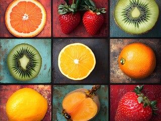 Colorful collage of various fruits like kiwi, strawberry, orange, and pineapple, vibrant and artistic fruit wall art style