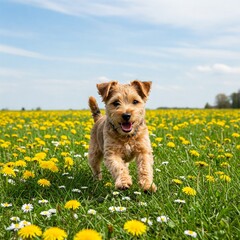 Playful dog running free in a spring field of dandelions and daisies