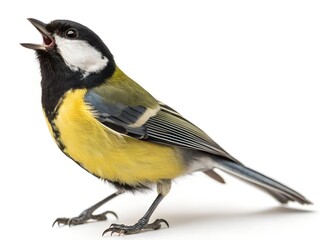 Obraz premium Great tit bird standing and looking up. isolated on white background, clipping path
