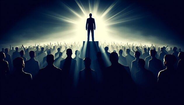 Silhouette of a dominant leader standing above a crowd in a dramatic setting, symbolizing total control