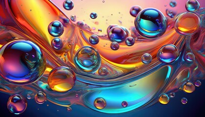 Vibrant Swirls of Color A Transparent Canvas Filled with Dynamic Water Drops and Mesmerizing Bubbles in an Abstract Artwork, Invoking a Sense of Fluid Motion and Energetic Spirits.
