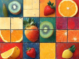 Colorful collage of various fruits like kiwi, strawberry, orange, and pineapple, vibrant and artistic fruit wall art style