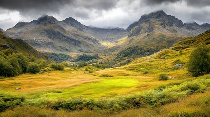 Obraz premium Dramatic mountain valley, autumnal hues, grasslands