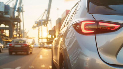 Obraz premium Close-up of cargo ship transporting brand new vehicles at sunset, with port cranes in distance. Automotive logistics, international shipping and global trade concepts.