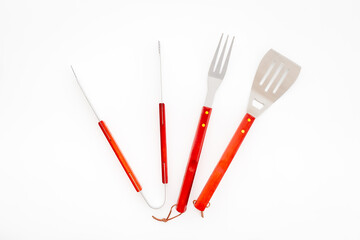 Steel barbecue and grill tools, top view. Equipment for picnic