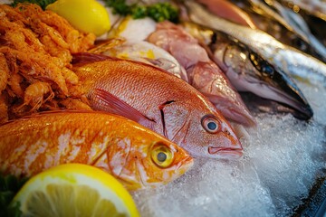 Fresh seafood assortment: vibrant red snapper, assorted fish, crispy fried shrimp on ice bed, lemons and parsley