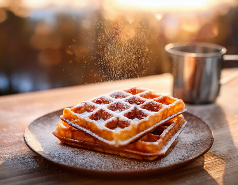 Freshly baked Belgian waffles are stacked on a wooden plate, lightly dusted with powdered sugar and bathed in warm sunlight, creating a delicious and inviting breakfast scene
