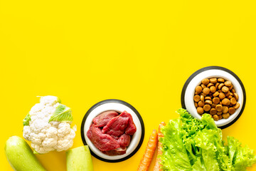 Tasty food for pets with beef meat and vegetables, top view