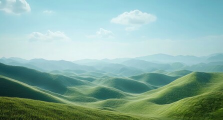 green grass hills landscape with a blue sky background