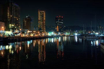 Fototapeta premium Nighttime cityscape reflecting on a harbor.