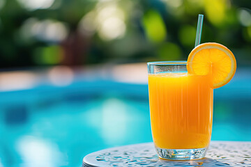 Vibrant orange juice in a clear glass by the poolside on a sunny day