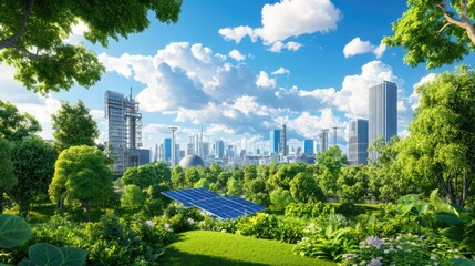 Fototapeta premium Urban Green Space with Solar Panels and Modern City Skyline View