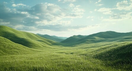 Fototapeta premium green, grassy hills under a blue sky with white clouds. A green meadow background for a nature landscape, an ecology concept. Design for a banner or poster
