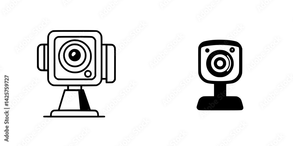 Poster black icon set featuring two distinct camera designs showing variation in shape and style