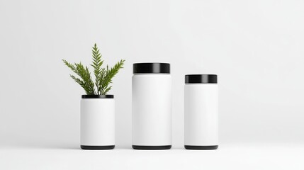 White Containers Small Plant Minimalist Style Clean Studio Lighting Frontal Straight Shot Simple Design Product Display Neutral Background Pure White Tones Ideal for Branding Mockups