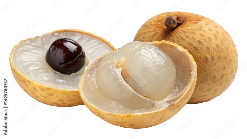 Poster longan fruit with one peeled half showing seed and translucent flesh, isolated on transparency backg