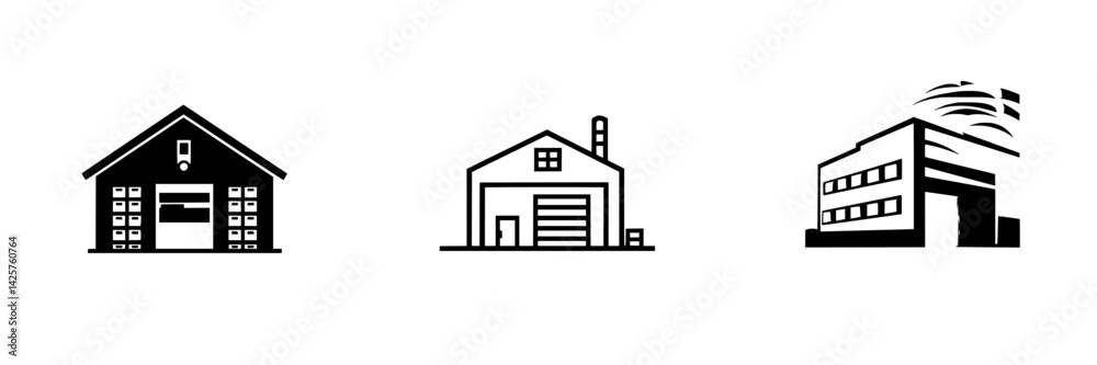 Poster set of simple black icons representing various types of buildings in a minimalistic design style