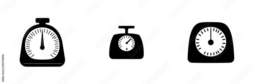 Poster set of black icons representing various types of timers and stopwatches with different designs on a 