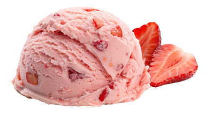 scoop of strawberry ice cream with visible fruit pieces and fresh strawberry slices on side, showcasing creamy texture and vibrant pink color