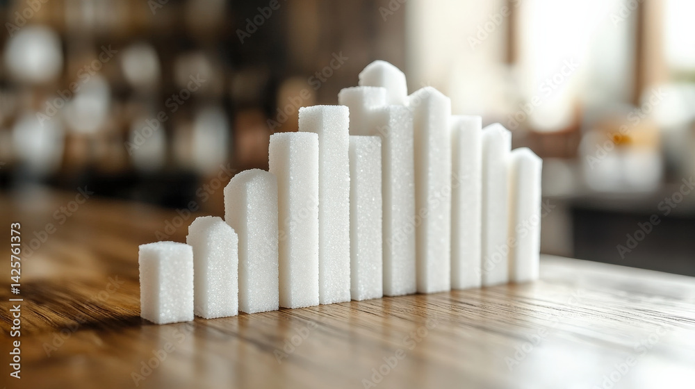 Aufkleber creative bar chart made of sugar cubes is displayed on wooden table, symbolizing data visualization in unique and minimalist style. background is softly blurred