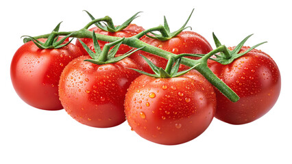 Vine-ripened tomatoes glistening with morning dew, plump and juicy, ready for the harvest, a vibrant burst of summer freshness.