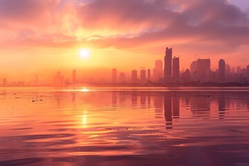 Fototapeta premium Sunrise over a city reflected in a calm water body.