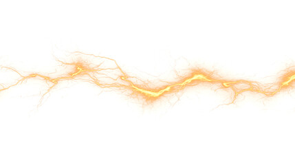 Wavy orange lightning bolt with electric branches, ideal for overlays and VFX on transparent background