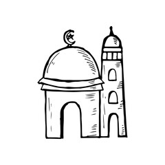 Mosque hand-drawn cartoon doodle element, religion vector ornament.
