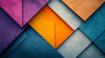 A geometric flat-lay of triangle-shaped paper pieces folded from colored squares, converging precisely toward the center from all four edges. Features a rhythmic gradient of teal, navy blue, orange,