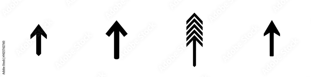 Poster set of black icons representing upward arrows in various styles for user interface design and graphi