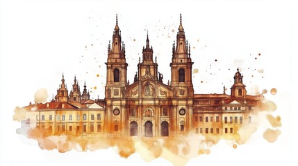 Obraz premium Cathedral of Santiago de Compostela. Cathedral of Santiago de Compostela hand drawn watercolor illustration