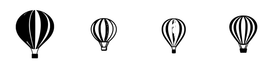 Naklejka premium Different styles of hot air balloons in black icon format showcasing various shapes and sizes for design inspiration