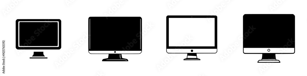 Poster set of black computer icons representing different monitor designs for digital graphics and user int