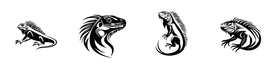 Unique black icons of iguanas showcasing various poses and stylized features for creative design applications