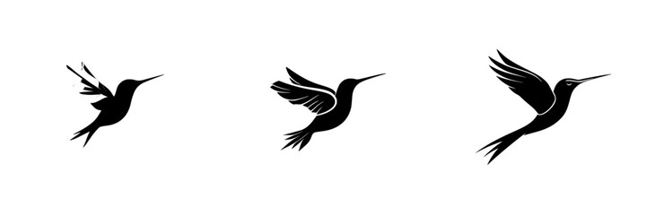 Obraz premium Set of black icons depicting hummingbirds in various flying poses and styles for design and illustration purposes
