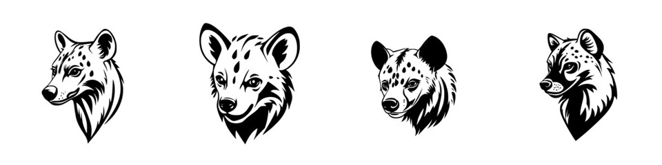 Naklejka premium Black icon set featuring stylized hyena heads showcasing unique expressions and designs for various creative uses