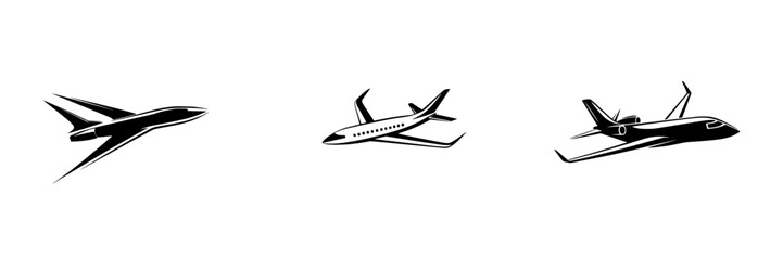 Set of black airplane icons representing different types of aircraft in a minimalist style for design purposes