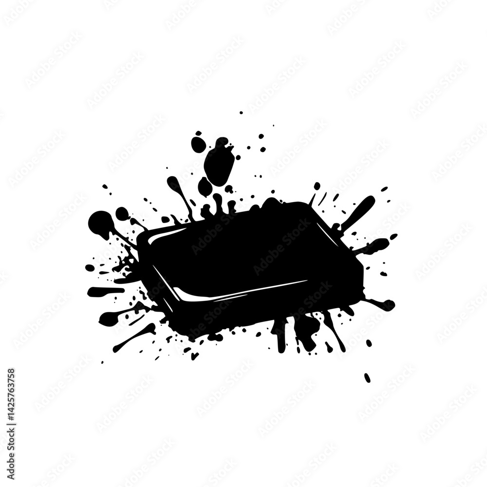 Poster black icon featuring ink splash with a rectangular shape and dynamic paint splatters for artistic re