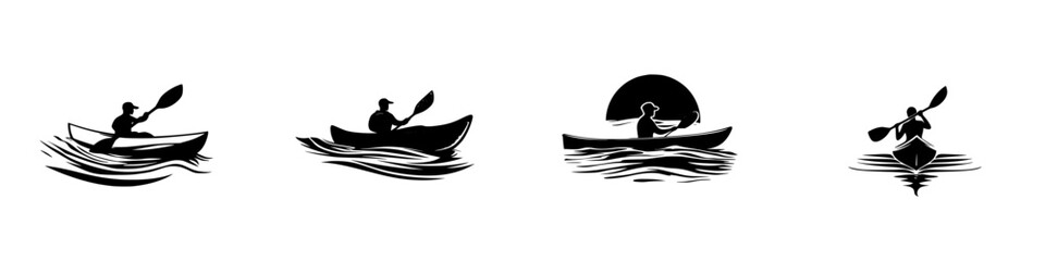 Silhouettes of kayakers paddling in tranquil waters at sunset in a minimalist black icon design