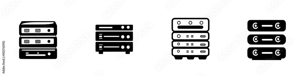 Poster black icons representing server stacks and data storage devices in a minimalistic style for technolo